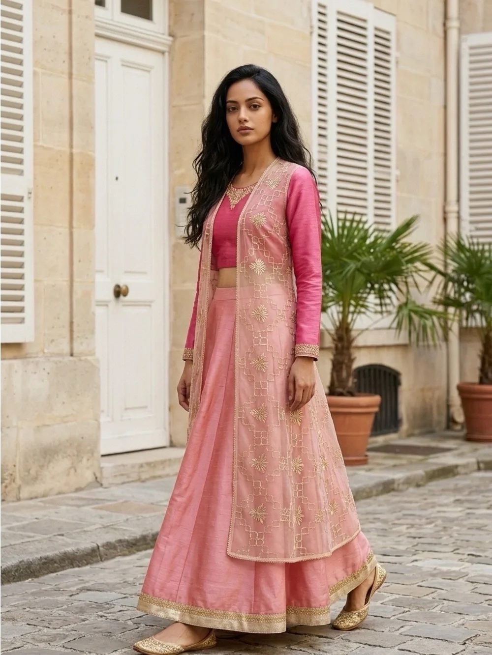 Ethnic Indian Wear Pink Embroidered Maxi Skirt Set with Overlay